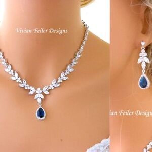 Sapphire Blue Jewelry Set Necklace and Earrings Blue Wedding SILVER